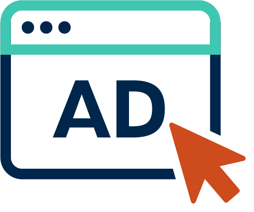 An outline of browser window with the word ‘Ad’ inside and an orange arrow pointing at the screen.