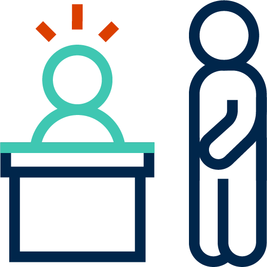 an outline of a person standing next to another person seated behind a desk.