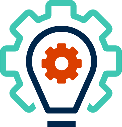 an outline of a gear with a lightbulb inside and a second gear inside the lightbulb