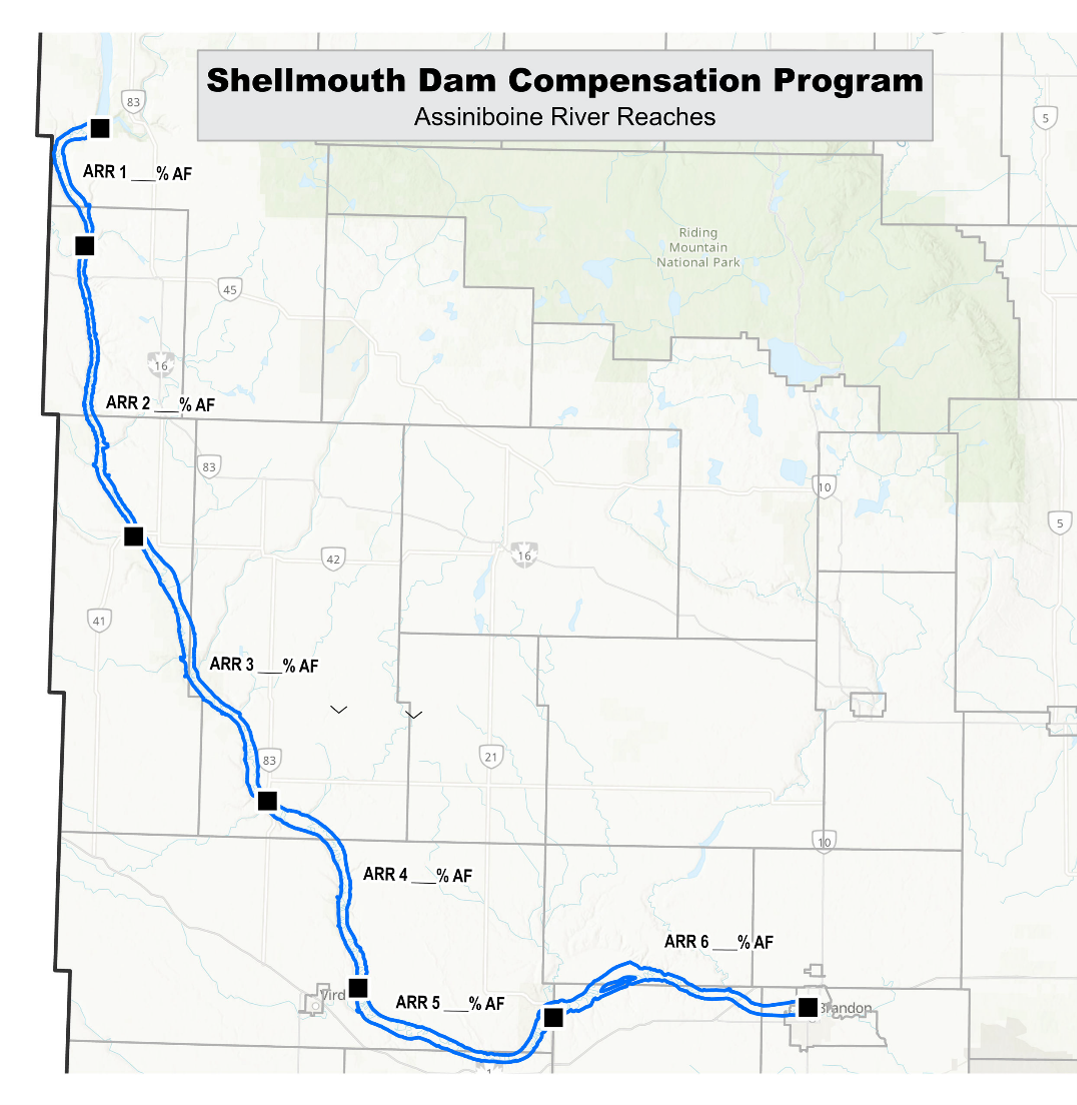 Diagram of the upper Assiniboine River displaying the six river sections for which an artificial flood percent will be determined.