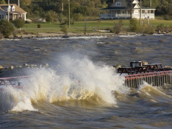 Waves crashing on a pier in Lake Winnipeg, Manitoba