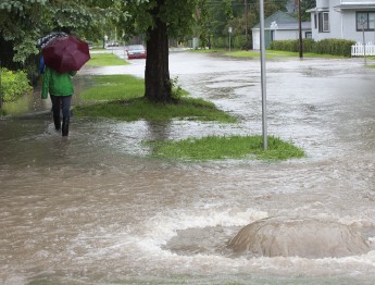 A flooded residential street with a backed-up sewer drain