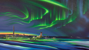 Picture of northern lights over town