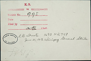 handwriting on back of photograph: Exhibit No. 995. L.B. Foote 1693 N2759. June 21, 1919. Winnipeg General Strike. Stamped: Public Archives of Manitoba.