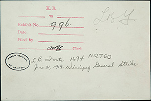 handwriting on back of photograph: Exhibit No. 996. L.B. Foote 1694 N2759. June 21, 1919. Winnipeg General Strike. Stamped: Public Archives of Manitoba.