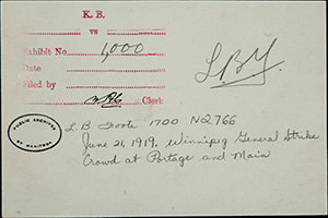 handwriting on back of photograph: Exhibit No. 1,000. L.B. Foote 1700 N2766. June 21, 1919. Winnipeg General Strike. Crowd at Portage and Main. Stamped: Public Archives of Manitoba.