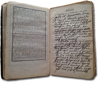 Photo of Wilfred Rutherford's diary, open to show two pages. One page has a calender in French for July–December, 1917. For each day of each month, there is a different name listed next to the date. Rutherford's handwritten diary entry for July 1, 1917 is on the other page.