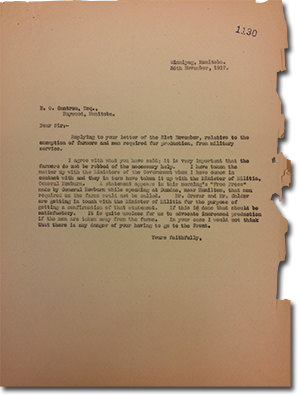 Letter from Premier T. C. Norris to E. O. Gautron