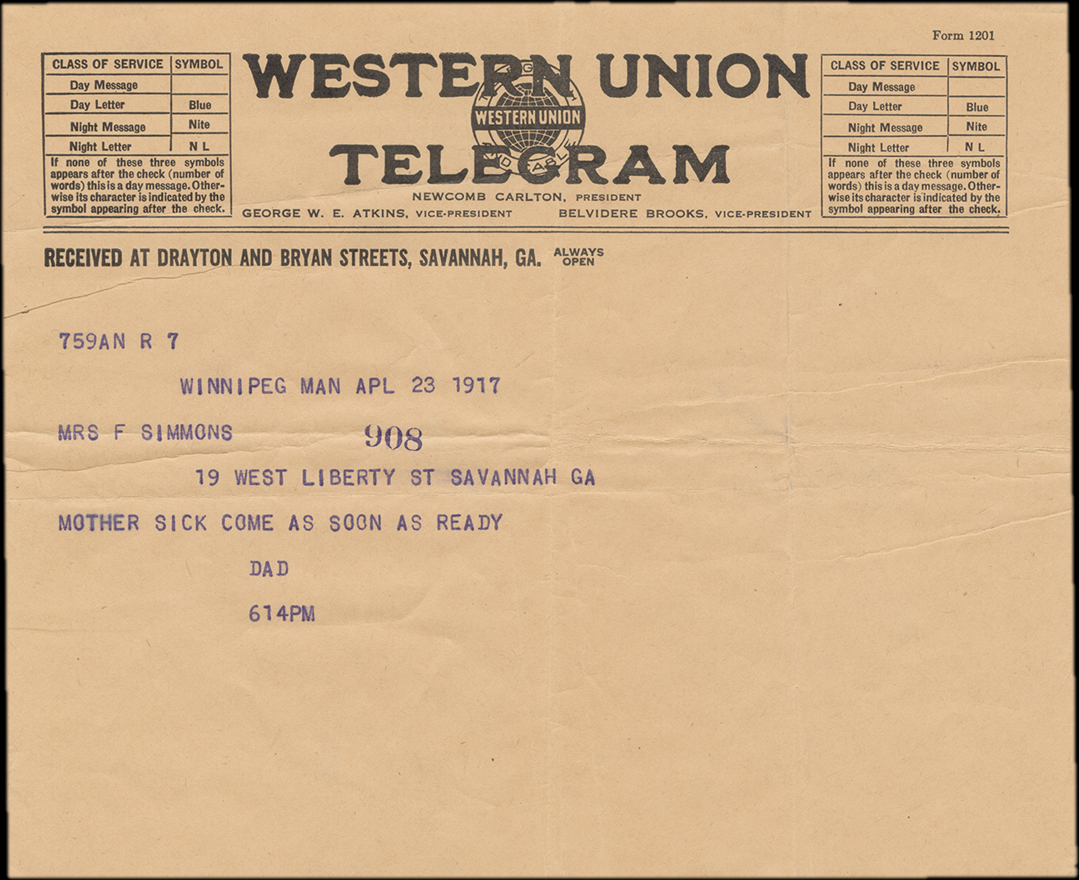 Winnipeg Man Apl 23 1917. Mrs F Simmons. 19 West Liberty St Savannah GA. Mother sick come as soon as ready. Dad. 614 pm.
