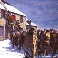 illustration of a crowd of people standing outside in the snow, looking up at three men on the balcony of a building