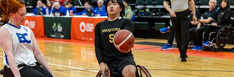 youth in wheelchairs playing basketball