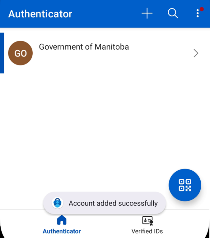 Message that your authenticator account was added successfully