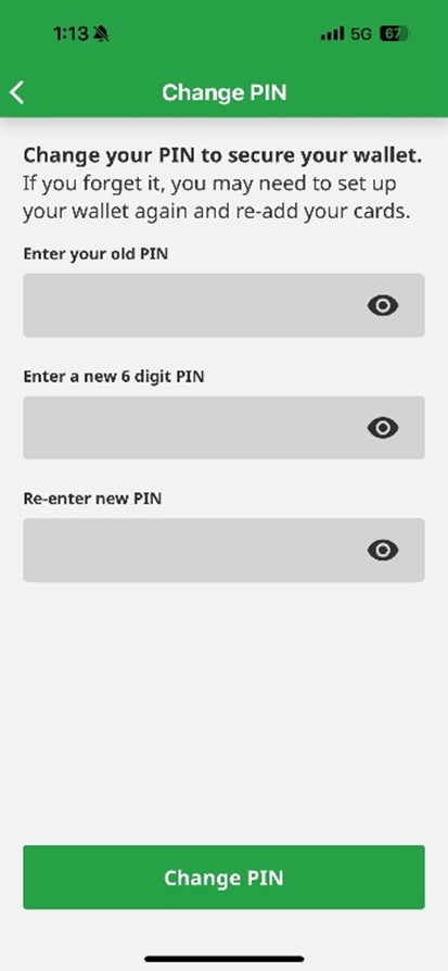 Changing PIN on MB Wallet