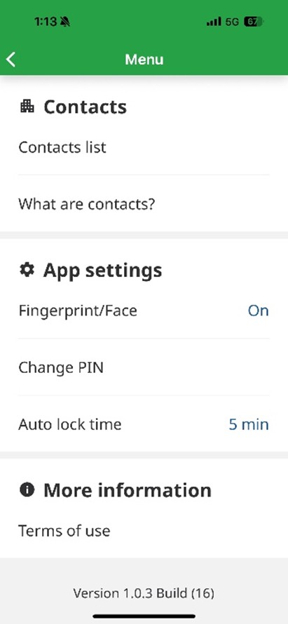 Menu screen in MB Wallet showing App settings section