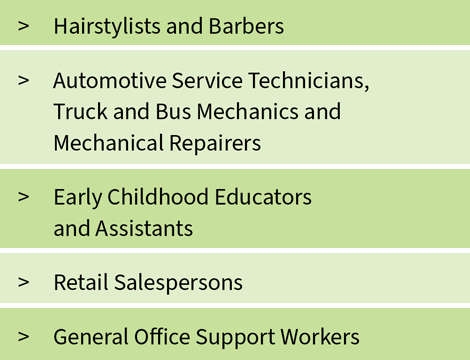 Hairstylists and Barbers; Automotive Service Technicians; Truck and Bus Mechanics and Mechanical Repairers; Early Childhood Educators and Assistants; Retail Salespersons; General Office Support Workers