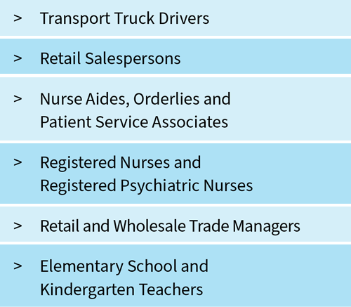 Transport Truck Drivers; Retail Salespersons; Nurse Aides, Orderlies and Patient Service Associates; Registered Nurses and
Registered Psychiatric Nurses; Retail and Wholesale Trade Managers; Elementary School and
Kindergarten Teachers