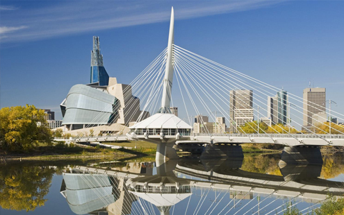 Image of Winnipeg, Manitoba skyline with Esplanade Riel bridge