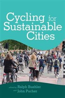 Book cover titled Cycling for Sustainable Cities. The design features a teal upper section with the title in large white text. Below, a photo shows a busy urban bike lane filled with cyclists riding in various directions, surrounded by traffic lights and city buildings in the background.