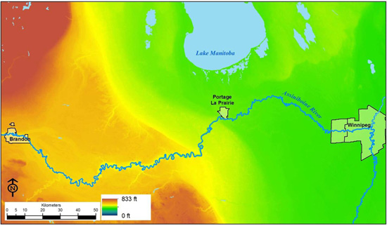 Figure 2: Land surface elevations of south-central Manitoba.