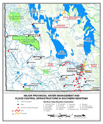 Map of Major Provincial Flood Control Infrastructure in Southern Manitoba
