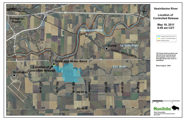 Map of Diverted Flows from the Hoop and Holler Controlled Release Site, May 19, 2011 that affected 3.42 square kilometres. (Source: Manitoba Infrastructure)