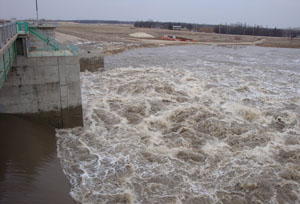 Water flowing through the Red River Floodway Inlet Control Structure, 2009