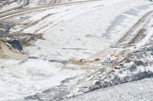 Aerial image showing river ice formation near the Red River Floodway Outlet Control Structure, March 31 2009