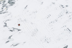 Aerial image of patterns on Red River ice near Selkirk made by ice cutter, March 31 2009