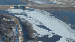 Aerial image of ice pans at Red River Floodway Inlet Control Structure, April 9 2009