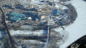 Aerial image showing ice formation at the Forks in Winnipeg where the Red and Assiniboine Rivers meet, April 9 2009
