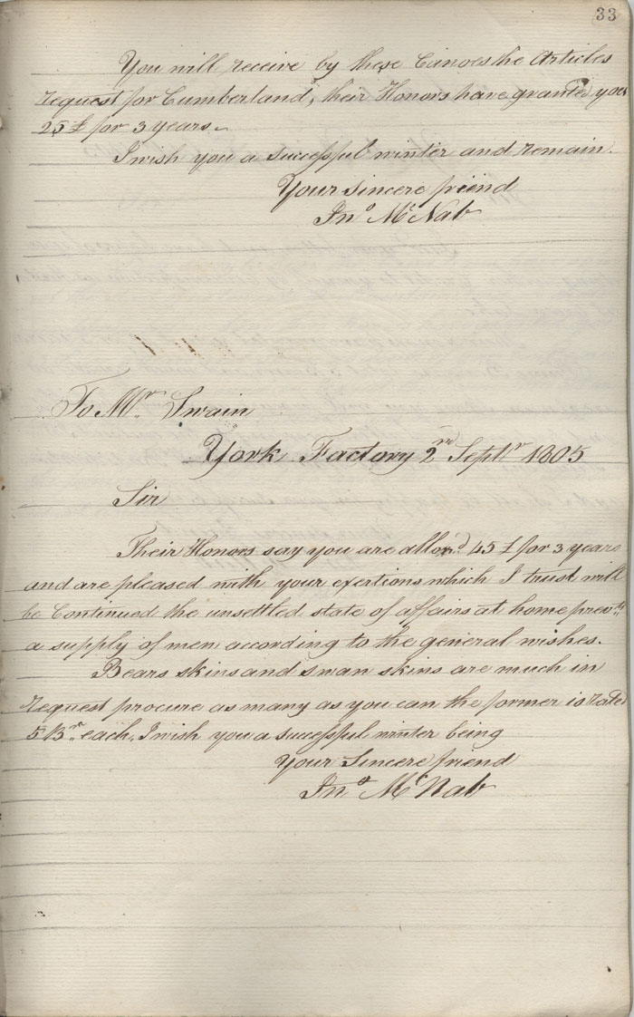 Lettre de John McNab  Alexander Kennedy, 2 septembre 1805